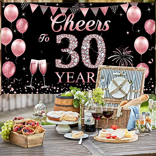 Happy 30th Birthday Decorations for Women, Cheers to 30 Years Backdrop Banner, Rose Gold 30 Years Celebration Party Decoration Supplies, 30th Anniversary Banner for Outdoor Indoor, Vicycaty