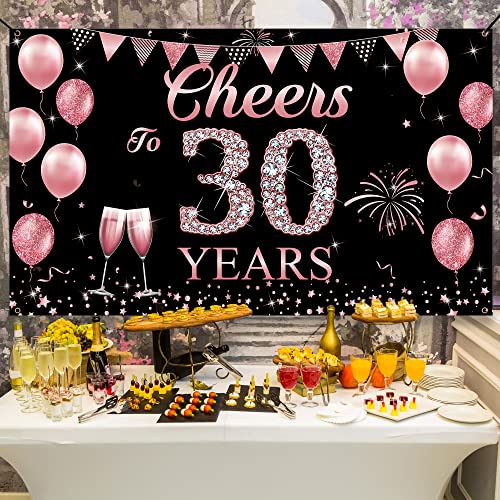 Happy 30th Birthday Decorations for Women, Cheers to 30 Years Backdrop Banner, Rose Gold 30 Years Celebration Party Decoration Supplies, 30th Anniversary Banner for Outdoor Indoor, Vicycaty