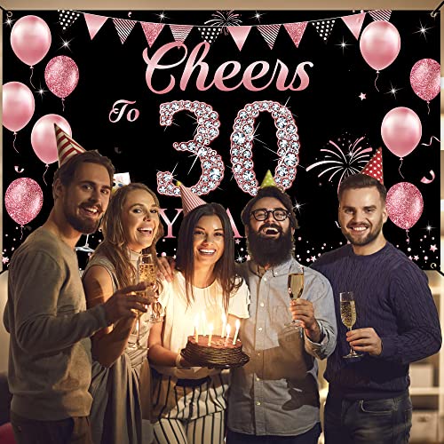 Happy 30th Birthday Decorations for Women, Cheers to 30 Years Backdrop Banner, Rose Gold 30 Years Celebration Party Decoration Supplies, 30th Anniversary Banner for Outdoor Indoor, Vicycaty