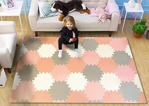 hexagon floor mat activity mat floor foam tile for crawling, tummy time, and playing 4×6 feet ultra thickness playmat for infants and toddlers for nursery room 2 patterns in 1 (pink white gray)