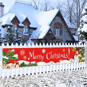 large merry christmas banner xmas outdoor decorations double printed snowman santa claus tree presents winter 120″ x 20″ huge yard sign holiday party supplies backdrop home decor ornaments for garden house fence garage indoor gifts