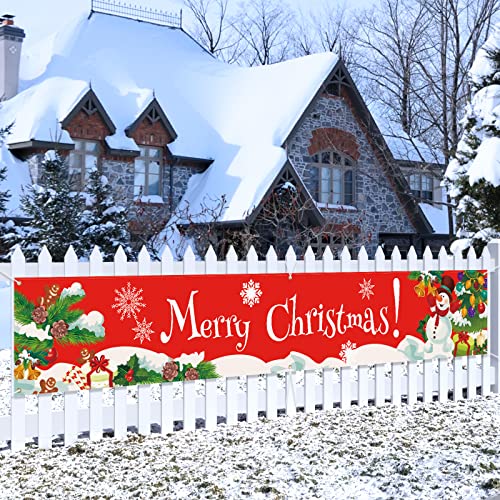 Large Merry Christmas Banner Xmas Outdoor Decorations Double Printed Snowman Santa Claus Tree Presents Winter 120" x 20" Huge Yard Sign Holiday Party Supplies Backdrop Home Decor Ornaments for Garden House Fence Garage Indoor Gifts