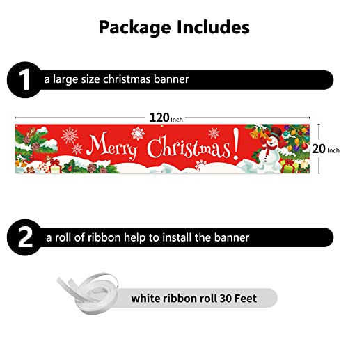 Large Merry Christmas Banner Xmas Outdoor Decorations Double Printed Snowman Santa Claus Tree Presents Winter 120" x 20" Huge Yard Sign Holiday Party Supplies Backdrop Home Decor Ornaments for Garden House Fence Garage Indoor Gifts