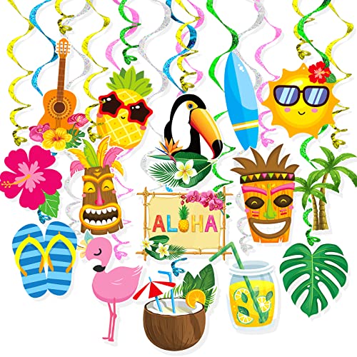 Summer Tiki Luau Hawaii Hanging Swirls 30 Pack Foil Ceiling Hanging Swirls Banner Decorations Garland Banner for Kids Adults Birthday Baby Shower Holiday Events Party Supplies Room Wall Decor