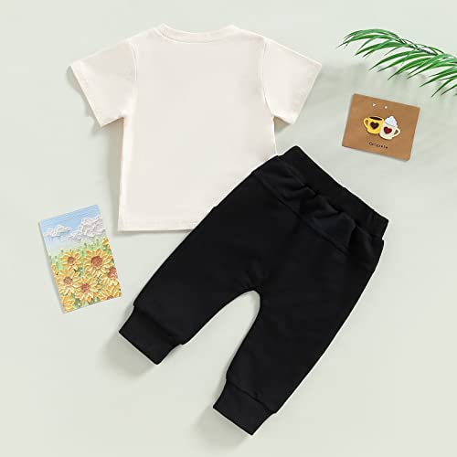 GOOCHEER Western Baby Boy Clothes Summer Outfit Cow Letter Short Sleeve T-shirt Tops and Jogger Pants 2PCS Clothes Set Toddler Boys (Beige Black, 12-18 Months)