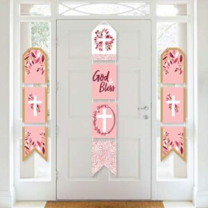 big dot of happiness pink elegant cross – hanging vertical paper door banners – girl religious party wall decoration kit – indoor door decor