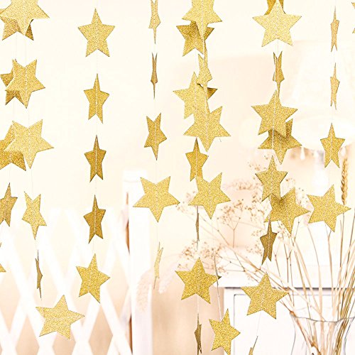 Koker Sparkling Star Garland, Paper Hanging String Banner Decoration for Wedding, Birthday Party Baby Shower Backdrop, Glitter Gold, 11.5 Feet/3.5 m