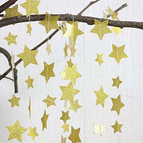 Koker Sparkling Star Garland, Paper Hanging String Banner Decoration for Wedding, Birthday Party Baby Shower Backdrop, Glitter Gold, 11.5 Feet/3.5 m