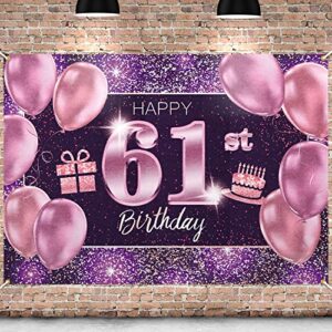 pakboom happy 61st birthday banner backdrop – 61 birthday party decorations supplies for women – pink purple gold 4 x 6ft