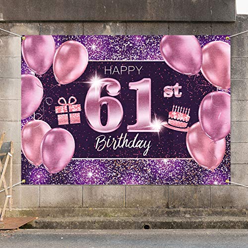PAKBOOM Happy 61st Birthday Banner Backdrop - 61 Birthday Party Decorations Supplies for Women - Pink Purple Gold 4 x 6ft