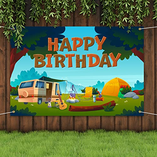 Camping Birthday Backdrop Banner Decorations Happy Camper Tent Themed Bday Background for Boys Girls Men Women Photography Party Decor Supplies