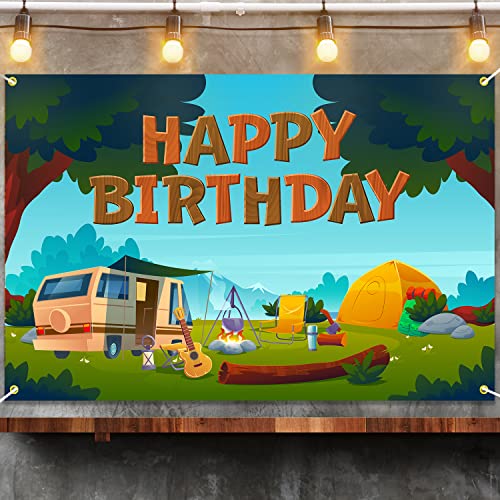 Camping Birthday Backdrop Banner Decorations Happy Camper Tent Themed Bday Background for Boys Girls Men Women Photography Party Decor Supplies