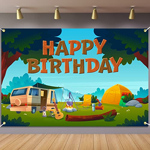 Camping Birthday Backdrop Banner Decorations Happy Camper Tent Themed Bday Background for Boys Girls Men Women Photography Party Decor Supplies