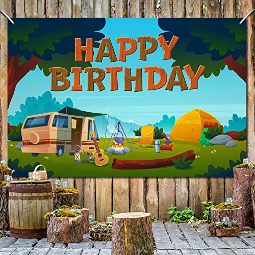 Camping Birthday Backdrop Banner Decorations Happy Camper Tent Themed Bday Background for Boys Girls Men Women Photography Party Decor Supplies