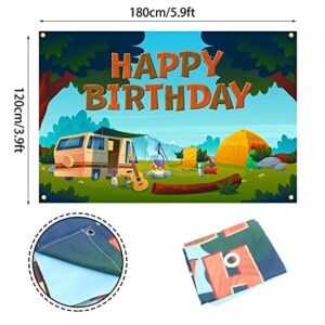 Camping Birthday Backdrop Banner Decorations Happy Camper Tent Themed Bday Background for Boys Girls Men Women Photography Party Decor Supplies