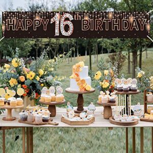 Luxiocio Happy 16th Birthday Banner Decorations Supplies for Girl, Rose Gold 16 Year Old Birthday Party Decor, Happy Sixteen Birthday Sign for Outdoor Indoor(9.8ft x 1.6ft)