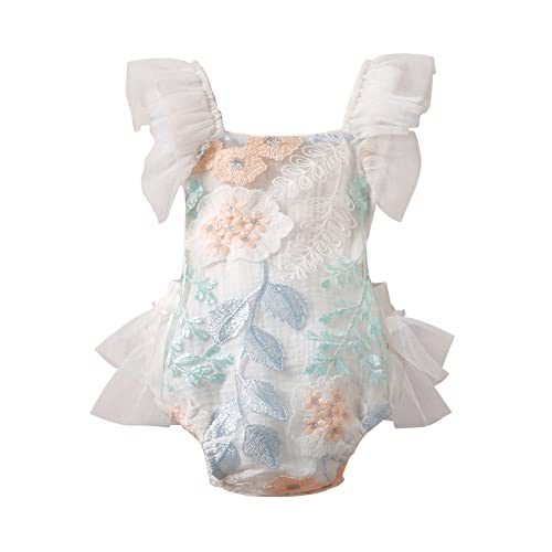 Hnyenmcko Newborn Infant Baby Girl Clothes Lace Romper Dress Ruffle Sleeveless Backless Jumpsuit Tassel Bodysuit Summer Outfit (Embroidered White, 3-6 Months)