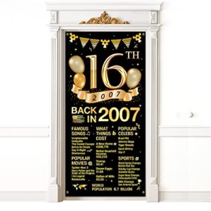 16th birthday door cover banner decorations, black gold happy 16th birthday door cover party supplies, large sixteen year old birthday poster backdrop sign decor