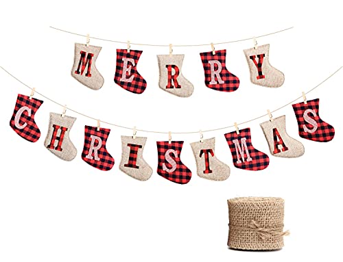 Merry Christmas Banner, Rustic Christmas Tree Ornaments Stocking Decorations, Unique Hand-Sewn Burlap Socks Shaped Christmas Tree Decorations, Stockings for Home Office Party Fireplace Decoration