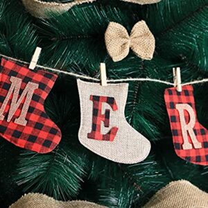 Merry Christmas Banner, Rustic Christmas Tree Ornaments Stocking Decorations, Unique Hand-Sewn Burlap Socks Shaped Christmas Tree Decorations, Stockings for Home Office Party Fireplace Decoration