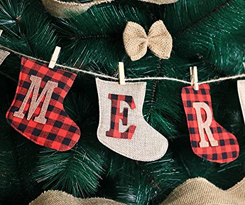 Merry Christmas Banner, Rustic Christmas Tree Ornaments Stocking Decorations, Unique Hand-Sewn Burlap Socks Shaped Christmas Tree Decorations, Stockings for Home Office Party Fireplace Decoration