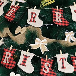 Merry Christmas Banner, Rustic Christmas Tree Ornaments Stocking Decorations, Unique Hand-Sewn Burlap Socks Shaped Christmas Tree Decorations, Stockings for Home Office Party Fireplace Decoration