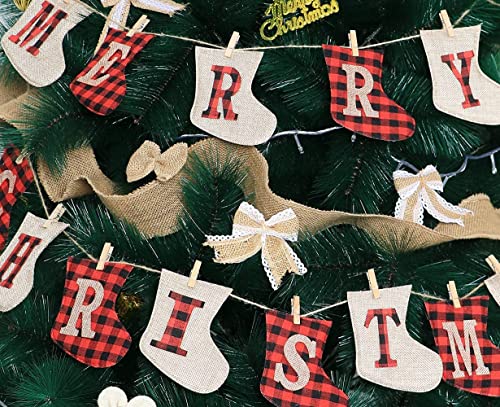 Merry Christmas Banner, Rustic Christmas Tree Ornaments Stocking Decorations, Unique Hand-Sewn Burlap Socks Shaped Christmas Tree Decorations, Stockings for Home Office Party Fireplace Decoration