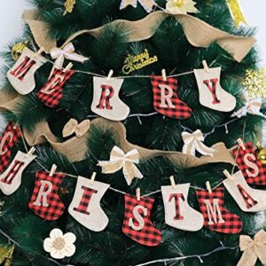 Merry Christmas Banner, Rustic Christmas Tree Ornaments Stocking Decorations, Unique Hand-Sewn Burlap Socks Shaped Christmas Tree Decorations, Stockings for Home Office Party Fireplace Decoration