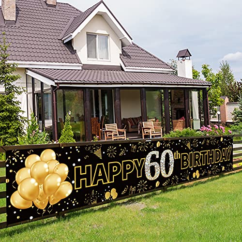 Pimvimcim Happy 60th Birthday Banner Decorations Supplies for Women & Men - Black Gold Sixty Birthday Party Sign Backdrop - 60 Year Old Birthday Party Background Decorations