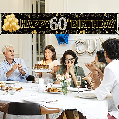 Pimvimcim Happy 60th Birthday Banner Decorations Supplies for Women & Men - Black Gold Sixty Birthday Party Sign Backdrop - 60 Year Old Birthday Party Background Decorations