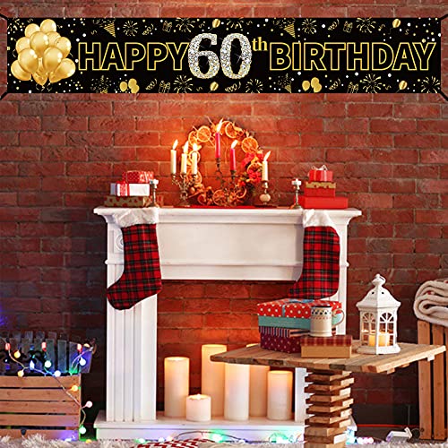 Pimvimcim Happy 60th Birthday Banner Decorations Supplies for Women & Men - Black Gold Sixty Birthday Party Sign Backdrop - 60 Year Old Birthday Party Background Decorations