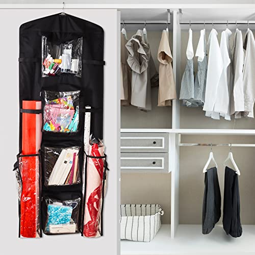 Unjumbly 49.5 Inch Hanging Vertical Gift Wrap Organizer, Double Sided Design, 10 Storage Pockets for Your Gift Wrapping Paper Bows, Gift Bags and Ribbon (Black)