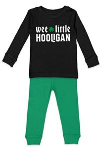 wee little hooligan – shamrock 4 leaf clover infant/toddler shirt & pants set (black top/kelly bottoms, youth 12)