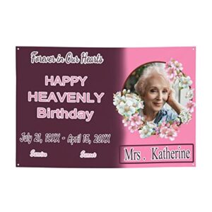 custom memorial banner, personalized birthday banners in memory with photo name date, customizable polyester happy heavenly birthday for outdoor porch patio decorations 47×71 inches