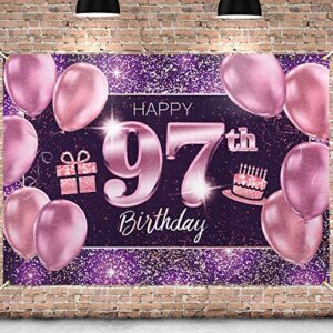 pakboom happy 97th birthday banner backdrop – 97 birthday party decorations supplies for women – pink purple gold 4 x 6ft