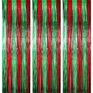 sumind 3 pack metallic tinsel curtains, foil fringe shimmer curtain door window decoration for birthday wedding party (red with green)