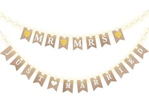 mr and mrs just married burlap banner, wedding bunting banner with led fairy string light 8 flicker mode, hanging sign garland pennant photo booth props for bridal shower wedding engagement party