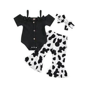 xiaodriceee newborn baby girl summer clothes short sleeve ribbed strao romper cow bell bottom pants headband 3pcs outfit (12-18 months,black)