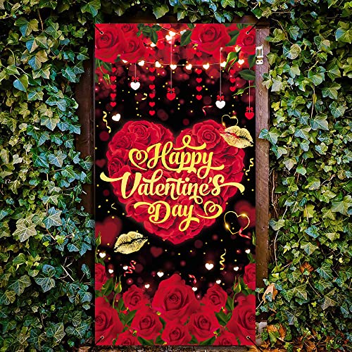 GYA 3x6ft Valentine's Day Rose Door Cover Red Love Heart Door Cover Banner Romantic Dinner Couple 40th Women Girl party Indoor Outdoor Photo suplies