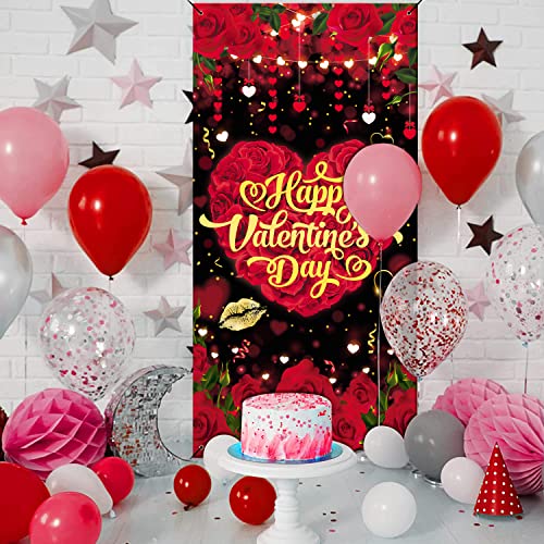 GYA 3x6ft Valentine's Day Rose Door Cover Red Love Heart Door Cover Banner Romantic Dinner Couple 40th Women Girl party Indoor Outdoor Photo suplies