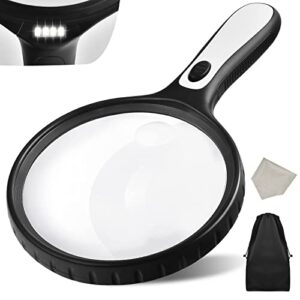 magnifying glass with light, 4.92 inch large magnifier, 2x 5x handheld illuminated lighted magnifier with 4 bright led lights, storage bag, clean cloth for seniors reading, kids exploring, map
