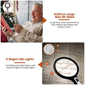 Magnifying Glass with Light, 4.92 Inch Large Magnifier, 2X 5X Handheld Illuminated Lighted Magnifier with 4 Bright LED Lights, Storage Bag, Clean Cloth for Seniors Reading, Kids Exploring, Map