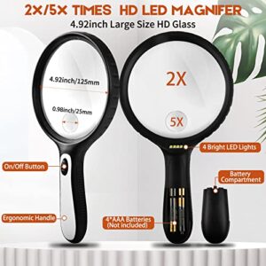 Magnifying Glass with Light, 4.92 Inch Large Magnifier, 2X 5X Handheld Illuminated Lighted Magnifier with 4 Bright LED Lights, Storage Bag, Clean Cloth for Seniors Reading, Kids Exploring, Map