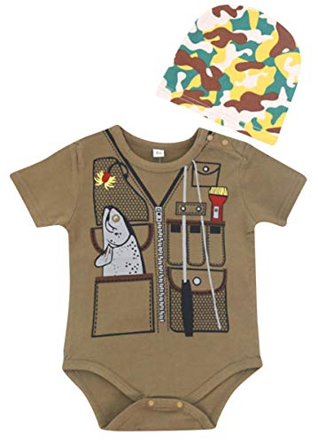 FANCYBABY Baby Boy Fisher Fishing Hunter Camouflage Hat Cap Romper Top Shirt Set Outfit (6 to 9 Months, Fisher)