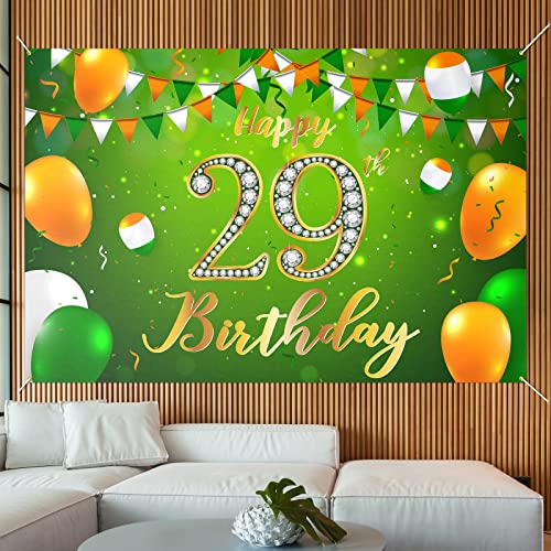 Happy 29th Birthday Backdrop Banner Decor Green - Glitter Cheers to 29 Years Old Birthday Party Theme Decorations for Men Women Supplies