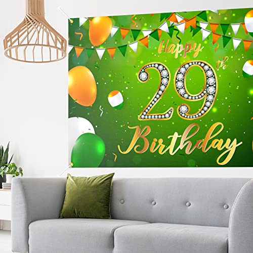 Happy 29th Birthday Backdrop Banner Decor Green - Glitter Cheers to 29 Years Old Birthday Party Theme Decorations for Men Women Supplies