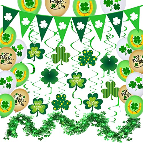 St Patricks Day Decorations St. Patrick's Day Garland Set,Clover Hanging Ornament and Green Garland and St Patricks Day Flag Banner, St Patricks Day Balloons, Suitable for home and office