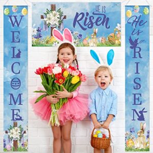 Easter He Is Risen Porch Banner 3 Pieces Welcome Religious Holiday Front Door Sign Christian Cross Resurrection Fence Banner Hanging Outdoor Banner for Home Birthday Garden Wall Party Decoration