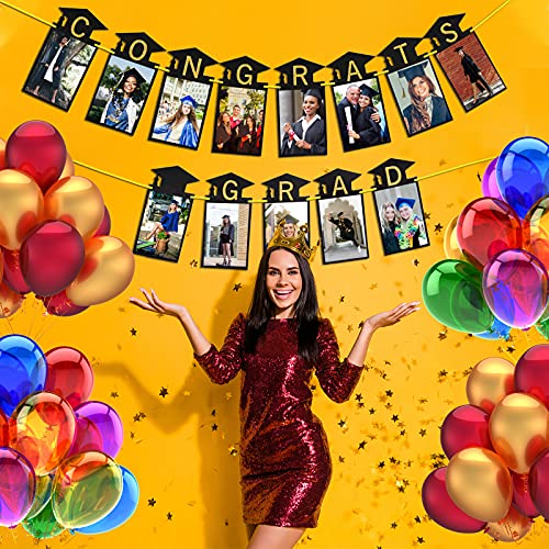 2022 Graduation Photo Banner, Congrats Grad Props Decorations for Party Supplies - 13 Pcs Golden Black Hanging Banners for Elementary, Middle, High School and College Graduation Party