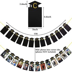 2022 Graduation Photo Banner, Congrats Grad Props Decorations for Party Supplies - 13 Pcs Golden Black Hanging Banners for Elementary, Middle, High School and College Graduation Party